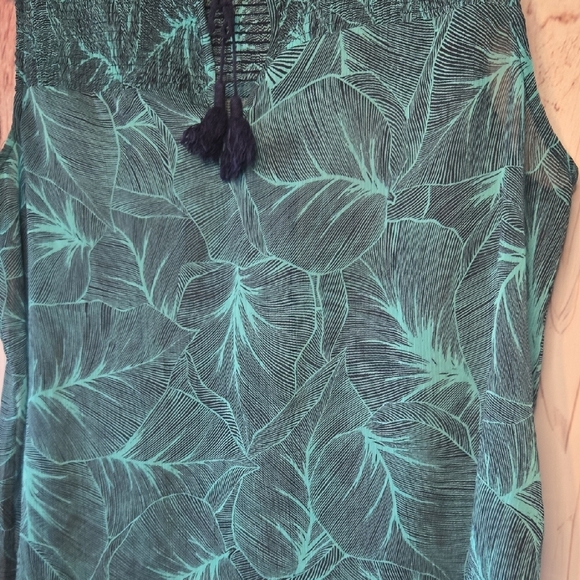 Liz Claiborne Teal And Navy Tropical Leaf Print Sheer Blouse Tank Top Size PXL - Picture 4 of 9